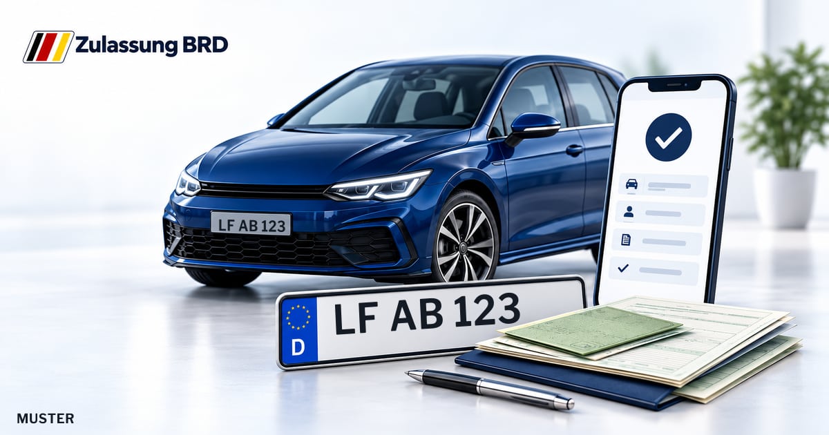 Online Fahrzeugzulassung in Trostberg: Musterkennzeichen LF AB 123, Auto und Fahrzeugpapiere und Smartphone. Illustration mit Logo von Zulassung BRD.